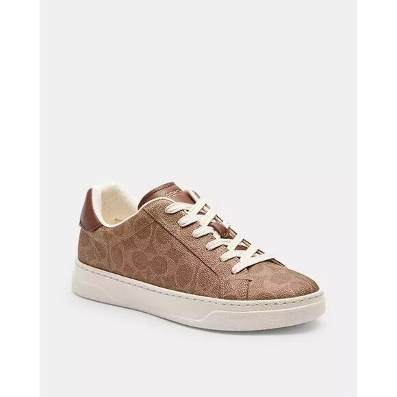 NEW COACH Women's High Line Sneaker In Signature Canvas CW970 Brown Khaki - Picture 6 of 9